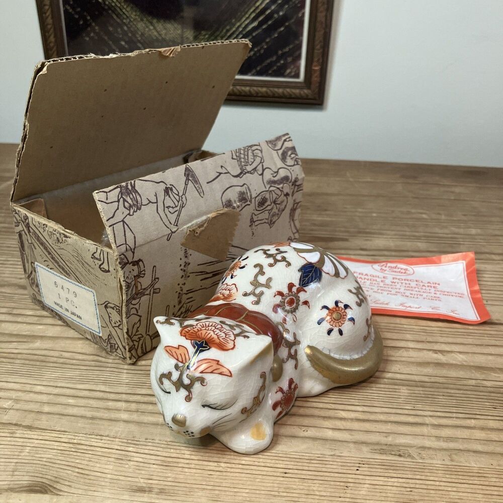VTG Andrea By Sadek Japan Porcelain Sleeping Lucky Cat Figurine NOS Original Box